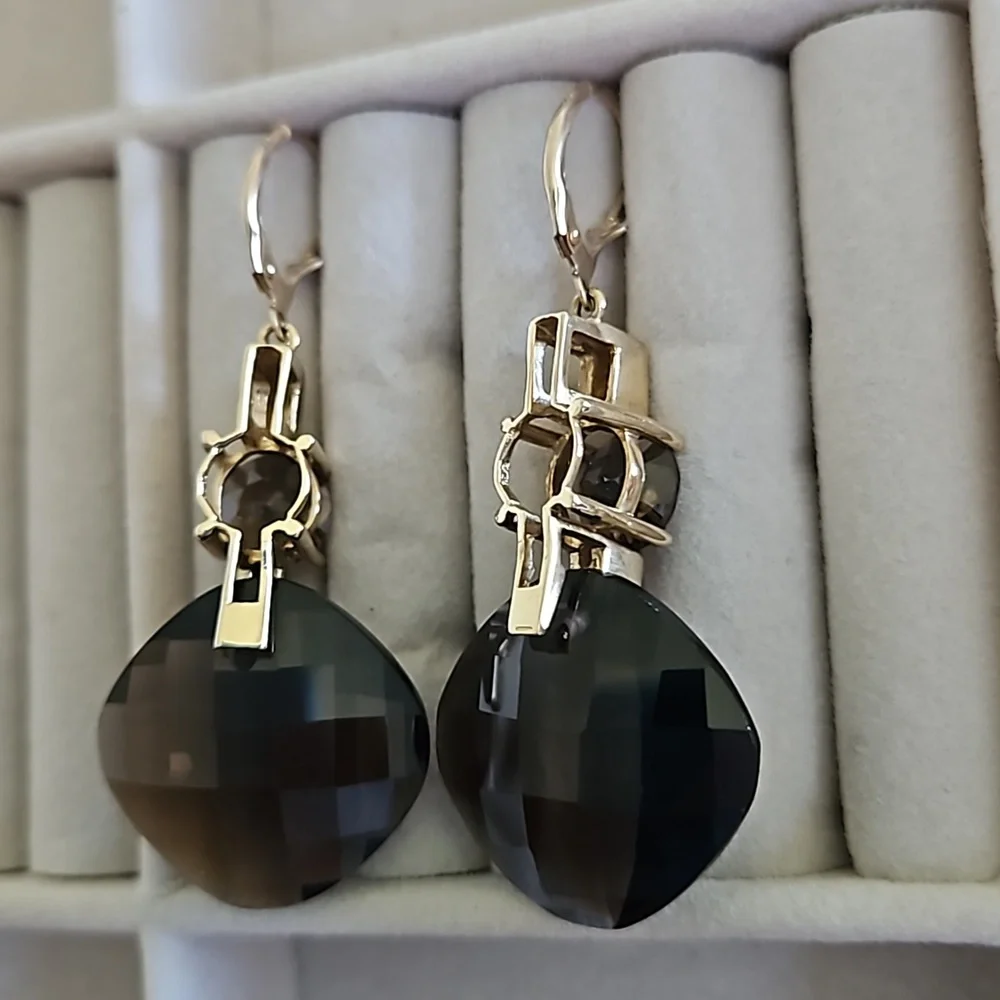 Vintage Smokey Topaz Diamond Accent Gold Drop Earrings - Picture 6 of 8